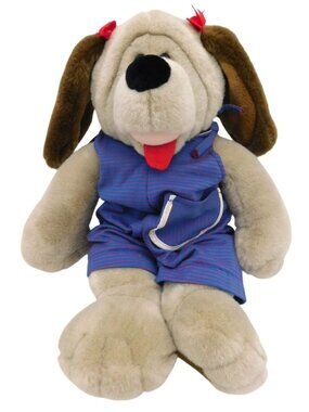 Yang Jee Large Plush Dog Toy Blue Striped Romper Red Hair Bow Stuffed Animal 18"